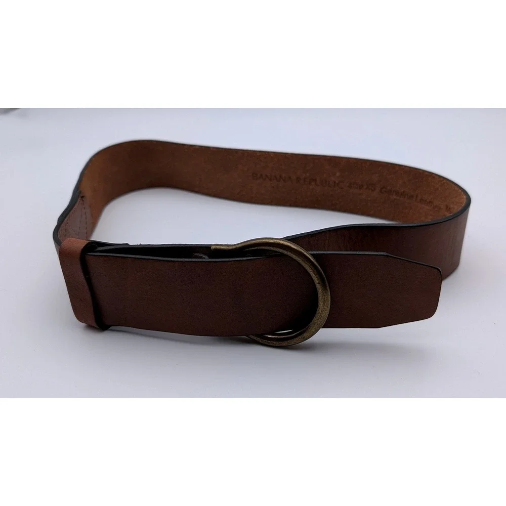 Banana Republic Womens Brown Leather D-Ring Belt Antique Brass Buckle Size XS
